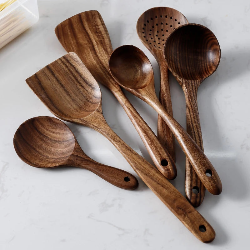 7 set of Teak Natural Wood Cooking spoons - lafenora