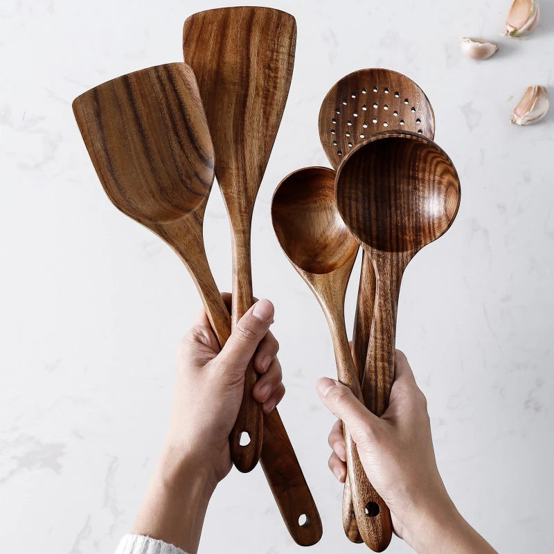 7 set of Teak Natural Wood Cooking spoons - lafenora