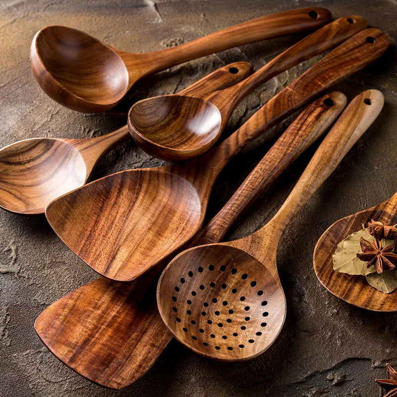 7 set of Teak Natural Wood Cooking spoons - lafenora