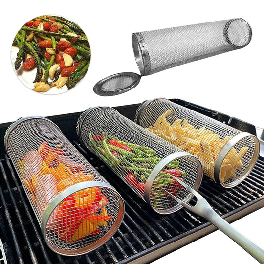 Stainless Steel BBQ Rolling Grilling Basket Wire Mesh - lafenora