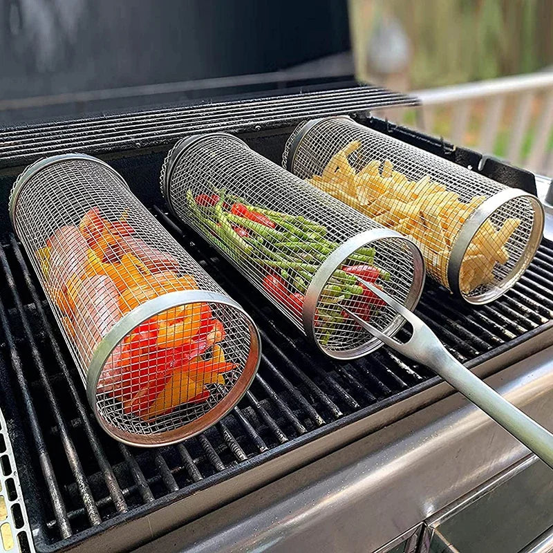 Stainless Steel BBQ Rolling Grilling Basket Wire Mesh - lafenora