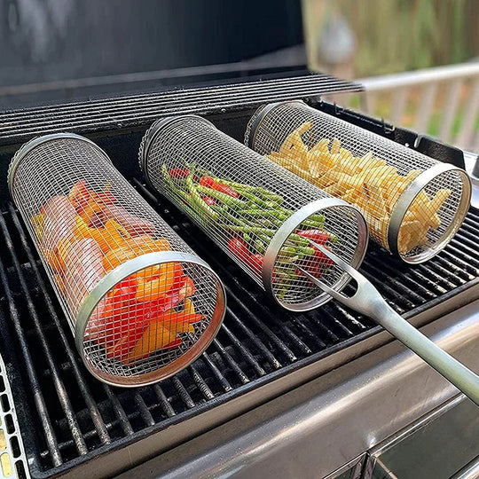 Stainless Steel BBQ Rolling Grilling Basket Wire Mesh - lafenora