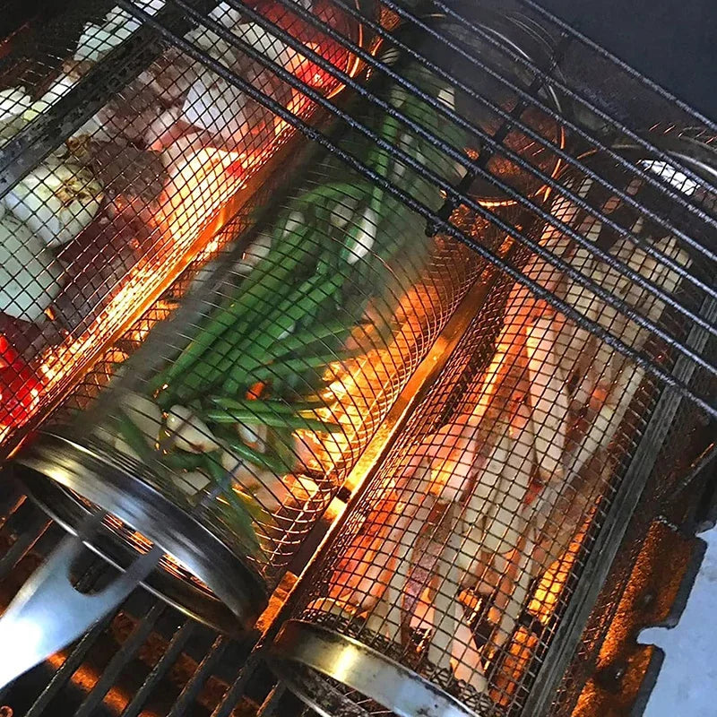 Stainless Steel BBQ Rolling Grilling Basket Wire Mesh - lafenora