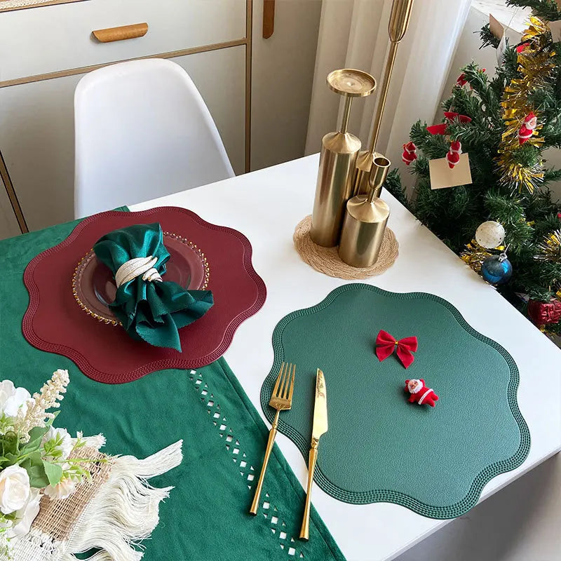 Set of 4 Flower Shaped Waterproof Placemats for Dining Table PU Washable Table Mats Christmas Kitchen Accessories - lafenora