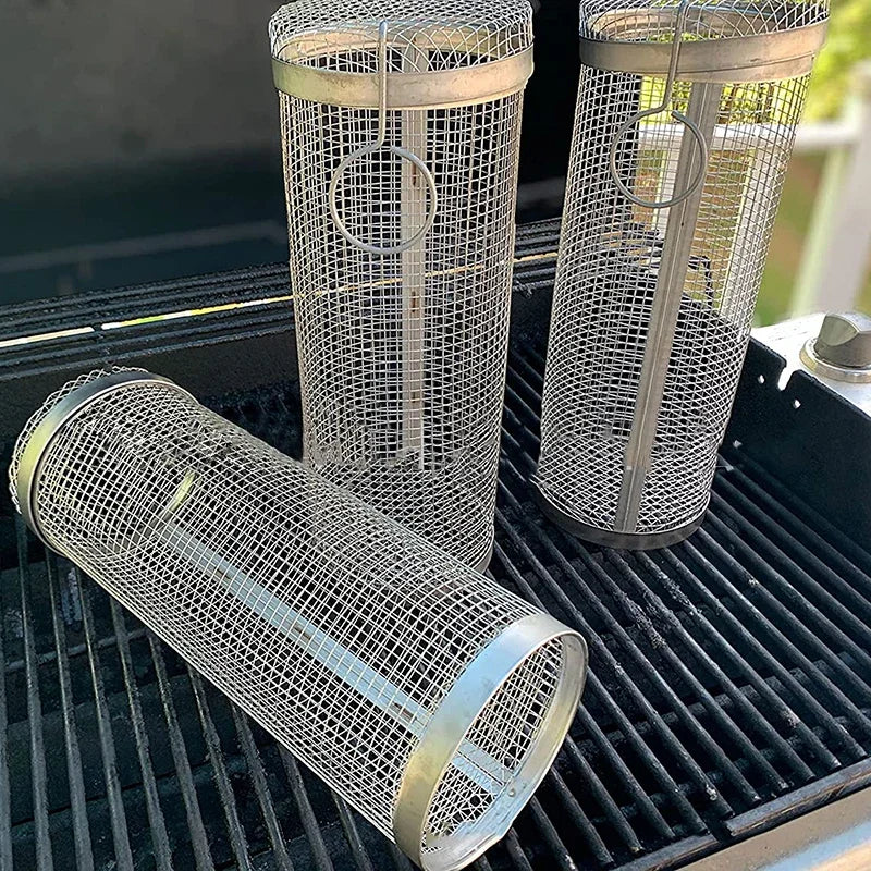 Stainless Steel BBQ Rolling Grilling Basket Wire Mesh - lafenora